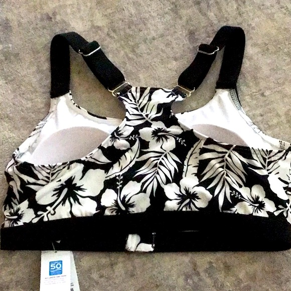 Womens NWT Swim Suit Top LANDS' END Black White Floral Zipper Front Size S 6-8 - Picture 4 of 5